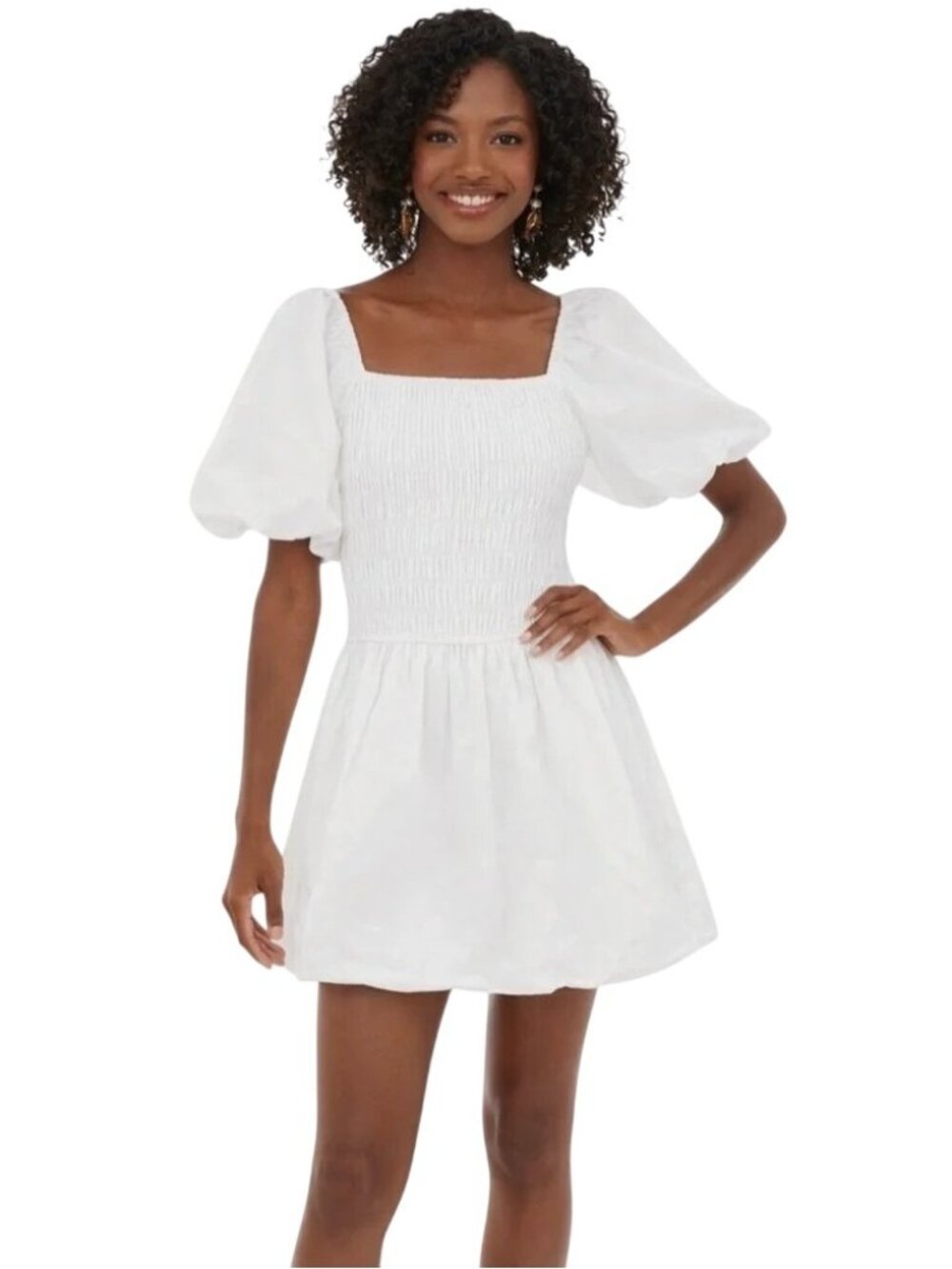 Hyacinth House Smocked Puff Mini Dress in white Large New Womens